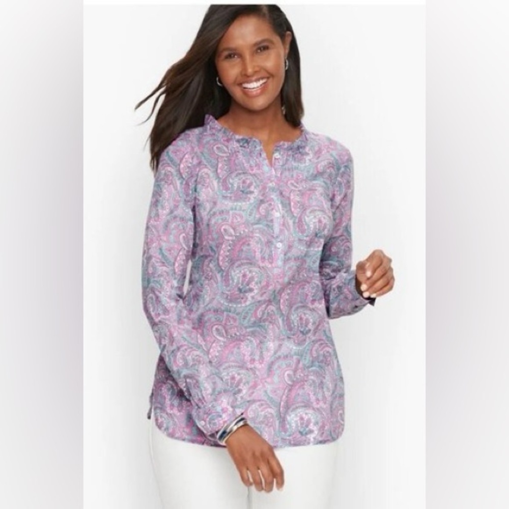 Talbots Women's Purple Paisley Ruffle Neck Henley Cotton Popover Size LP